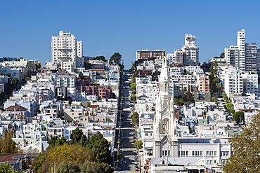 View along Filbert Street looking southwest past Sts. Peter and Paul Church in the North Beach district of San Francisco, California, United States of America, North America