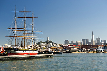 The San Francisco skyline and Fisherman's Wharf area seen across the lagoon of the San Francisco National Maritime Park, San Francisco, California, United States of America, North America