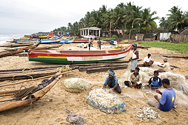 Fishermen sorting fish on Kalapet beach near Pondicherry in India