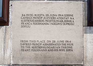 Plaque marking the spot from where Gavrilo Princip assassinated Archduke Franz Ferdinand in Sarajevo on 28 June 1914, Sarajevo, Bosnia and Herzegovina, Europe