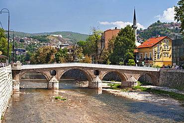 The Latin Bridge, a historic Ottoman bridge over the Miljacka River in Sarajevo, capital of Bosnia and Herzegovina, Europe