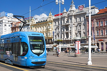 Tram running through Ban Jelacic Square, the main square in Zagreb, Croatia, Europe