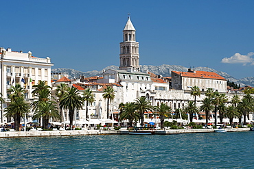 The waterfront promenade and tower of the Cathedral of St. Domnius in the city of Split, Adriatic Coast, Croatia, Europe