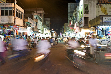 Night view along the busy streets of Pondicherry in India