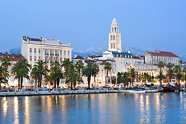 The waterfront promenade and tower of the Cathedral of St. Domnius in the city of Split, Adriatic Coast, Croatia, Europe