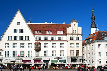 Buildings and restaurants on Raekoja Plats (Town Hall Square) in Tallinn, Estonia, Baltic States, Europe