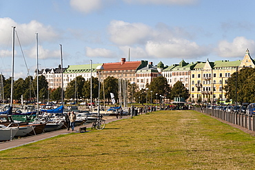 Merisatama port and promenade and buildings on the prestigious Merikatu Street in Helsinki, Finland, Scandinavia, Europe