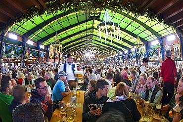 Interior of a beer tent at Oktoberfest in Munich, Bavaria, Germany, Europe