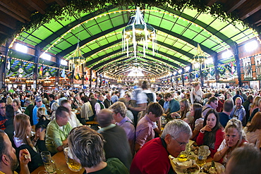 Interior of a beer tent at Oktoberfest in Munich, Bavaria, Germany, Europe