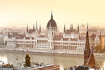 Dawn view of the Hungarian Parliament Building on the banks of the Danube River in Budapest, Hungary, Europe