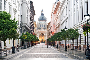 Dawn view of St. Stephen's Basilica from Zrinyi Street in Budapest, Hungary, Europe