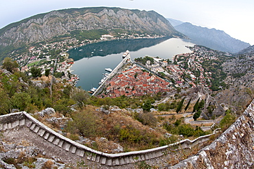 Dawn view of Kotor Bay and Kotor town from the ramparts of St John's Castle, UNESCO World Heritage Site, Montenegro, Europe