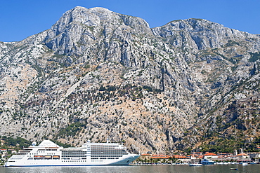 Cruise ship at the port of Kotor in Kotor Bay, UNESCO World Heritage Site, Montenegro, Europe