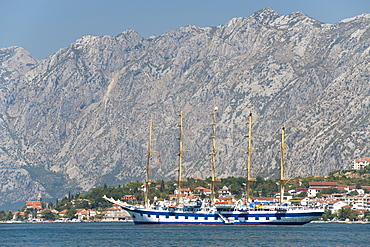 Tall sailing ship anchored in Kotor Bay, UNESCO World Heritage Site, Montenegro, Europe