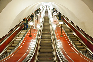 Escalators of the St. Petersburg metro system in St. Petersburg, Russia, Europe