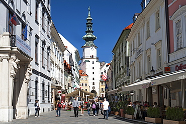 Michalska street and St. Michael's Gate and Tower in Bratislava, Slovakia, Europe