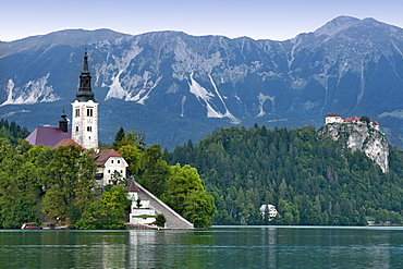 The Pilgrimage Church of the Assumption of Mary on Bled Island in the centre of Lake Bled in northwest Slovenia, Europe