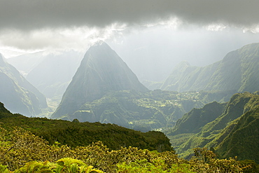 View of the Cirque de Mafate caldera and the Piton Cabri peak, 1435m, on the French island of Reunion in the Indian Ocean, Africa