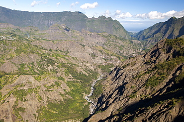 The Cirque de Cilaos caldera on the French island of Reunion in the Indian Ocean, Africa