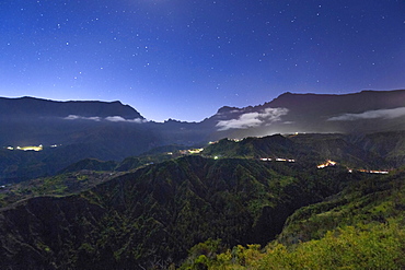 Night view of the Cirque de Cilaos caldera on the French island of Reunion in the Indian Ocean, Africa