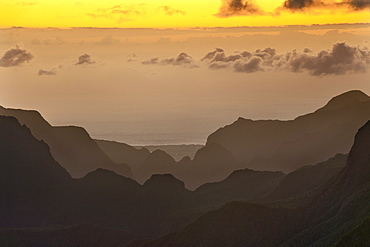 Mountain ridges of the Cirque de Mafate caldera on the French island of Reunion in the Indian Ocean, Africa