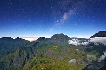 Night-time view of the Cirque de Mafate caldera on the French island of Reunion in the Indian Ocean, Africa