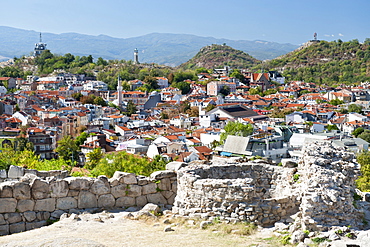 View from the ramparts of the ancient fortress on Nebet Hill in the old town in Plovdiv, the second largest city in Bulgaria, Europe