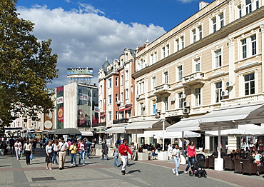 Knyaz Alexandar I pedestrian street in Plovdiv, the second largest city in Bulgaria, Europe