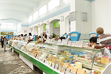 Interior of the dairy and delicatessen market in Chisinau, the capital of Moldov, Europe