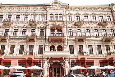 Pink building on Pushkinskaya street in Odessa, Ukraine, Europe