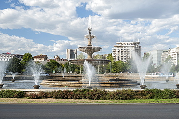 The fountains of Piasa Unirii (Unification Square) in Bucharest, Romania, Europe