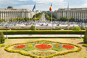 View of Unification Boulevard from the balcony of the Palace of the Parliament in Bucharest, Romania, Europe