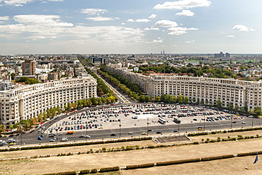 View across Bucharest and Unification Boulevard from the Palace of the Parliament in Bucharest, the capital of Romania, Europe