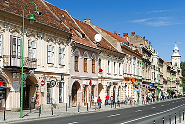 Buildings on George Baritiu street in the old town in Brasov, a city in the central Transylvania region of Romania, Europe