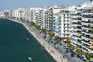 View from the White Tower (Lefkos Pyrgos) of the waterfront and buildings on Nikis Avenue in Thessaloniki, Greece, Europe