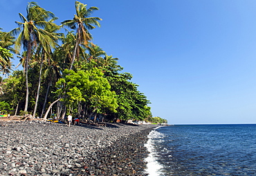 The rocky beach at Tulamben near Amed on the northeastern coast of Bali, Indonesia.