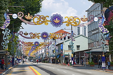 Decorations spanning Serangoon road in the Little India district of Singapore.