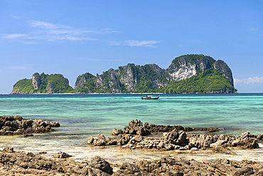 View of Mosquito island from Bamboo island (Ko Mai Phai) near Koh Phi Phi in the Andaman Sea on Thailand's west coast.