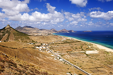 View along the beach of the Portuguese Atlantic island of Porto Santo from Miradouro das Flores.