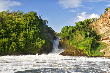 View of Murchison Falls on the Victoria Nile River in the Murchison Falls National Park in Uganda.