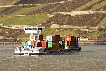 Container ship on the Rhine River, Hessen Province, Germany, Europe