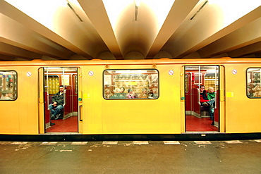 A train at the Rosa-Luxemburg-Platz U-Bahn station in East Berlin, Germany, Europe