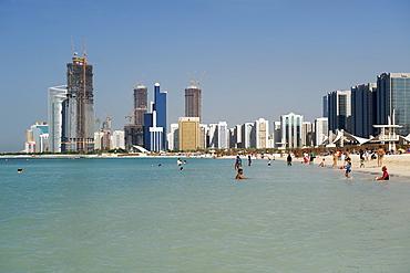 The beachfront and buildings in Abu Dhabi in the United Arab Emirates.