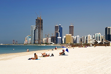 The beachfront and buildings in Abu Dhabi in the United Arab Emirates.