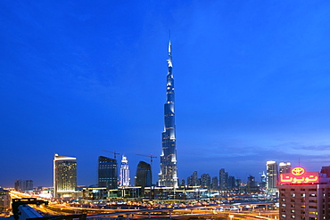 Dusk view of the Burj Khalifa, the tallest building in the world (as of January 2010) in Dubai, the UAE.