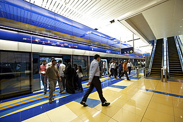 View of the platform of the Khalid Bin Al Waleed station on the Dubai metro system in the UAE.