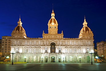 The Palacio Municipal and the Plaza de Maria Pita in the town of La Corun~a in Spain's Galicia region.