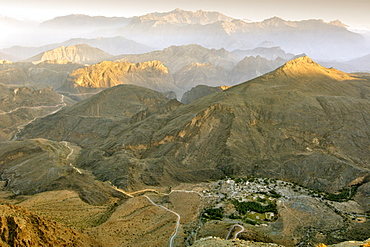 View over the village of Hat from the summit of Sharaf Al Amein in  the mountains of Jebel Akhdar in Oman.