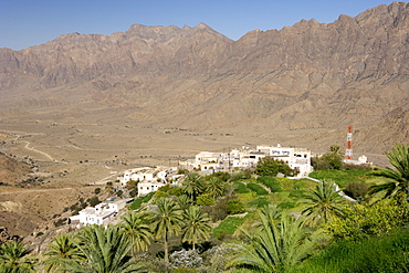 The village of Wekan and its plantations situated high in the Ghubrah bowl region of the Jebel Akhdar mountains in Oman.