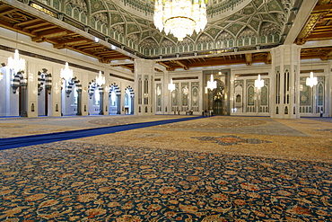 Interior of the prayer area of the Sultan Qaboos Grand Mosque in Muscat, Oman.